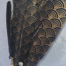 Load image into Gallery viewer, Gatsby feather Fan,  black &amp; gold 1920&#39;s  print, smalll Bridesmaid wedding fan- by Crystal wedding uk
