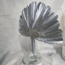 Load image into Gallery viewer, Wedding feather fan, SILVER OR GOLD brides ostrich fan, wedding hand fan, Great Gatsby  any colour as custom made by Crystal wedding uk
