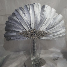 Load image into Gallery viewer, Wedding feather fan, SILVER OR GOLD brides ostrich fan, wedding hand fan, Great Gatsby  any colour as custom made by Crystal wedding uk
