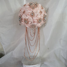 Load image into Gallery viewer, Crystal Brooch blush and rose gold drape  bouquet by Crystal wedding uk
