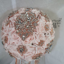 Load image into Gallery viewer, Crystal Brooch blush and rose gold drape  bouquet by Crystal wedding uk

