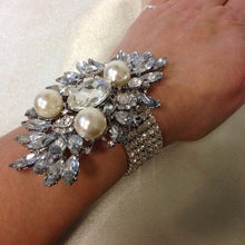 Load image into Gallery viewer, large Vintage inspired crystal and pearl wrist corsage
