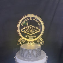 Load image into Gallery viewer, LED Wedding Cake topper LAS VEGAS poker chip design, Engraved Acrylic light-up by Crystal wedding uk

