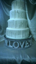 Load image into Gallery viewer, Personalised Cake stand ,carved wooden words wedding.birthday cake base + lights , RHINESTONE EFFECT FINISH
